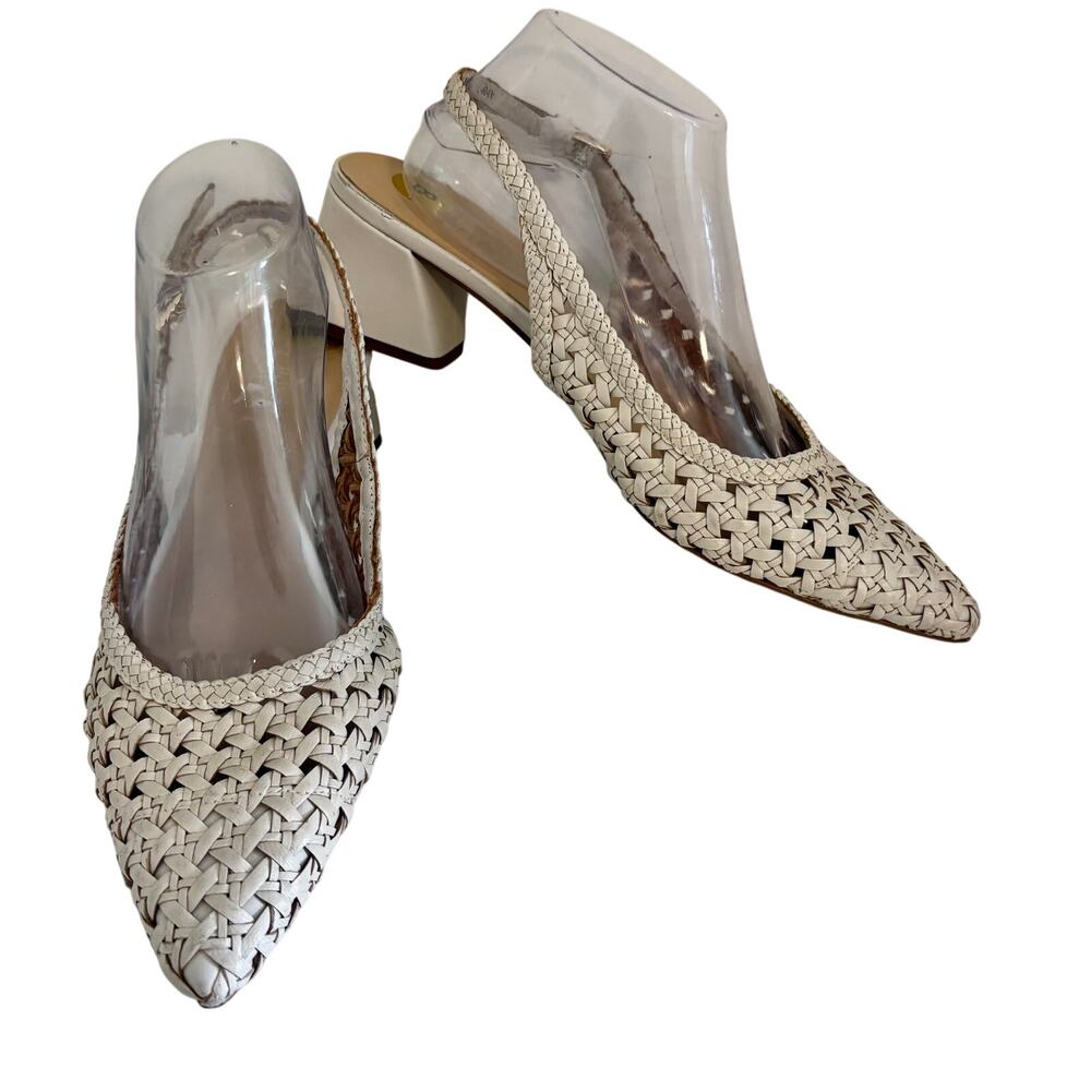 Franco Sarto Leather Basketweave Block Heel Slingback Sandals Cottage Coastal 10